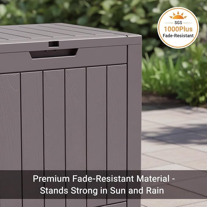 30 Gallon Resin Deck Box with Lockable Lid - Outdoor Waterproof Storage for Patio Furniture, Garden Tools, Cushions & Pool Accessories, Wood Grain Design, All-Weather Durable (Grey-brown, 1 Pack)