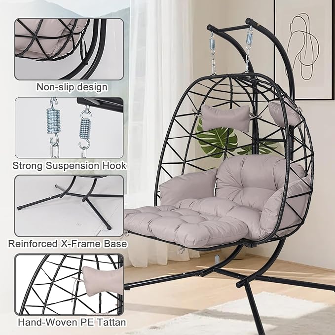 Double Egg Hammock Chair with Stand, Swing Egg Chair, Wicker Hanging Chair with Washable Cushion - Sturdy Metal Stand, 600lbs Capacity for Indoor Outdoor Patio Living Room Etc (Black+Light Gray)