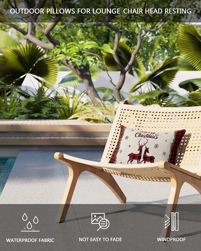 Outdoor Pillows Covers with Inserts Christmas Red and Black Buffalo Plaid Elk Waterproof Recliner Pillow with Adjustable Strap Throw Pillows for Patio Furniture Pool Lounge Chair, 11x16 inch, 1PCS