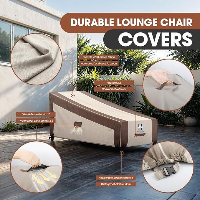 HAMLER Lounge Chair Cover, Heavy Duty Chaise Lounge Covers Outdoor Waterproof, Outdoor Furniture Covers for Patio Furniture Fits up to 80L x 34W x 32 H Inch, Brown & Beige