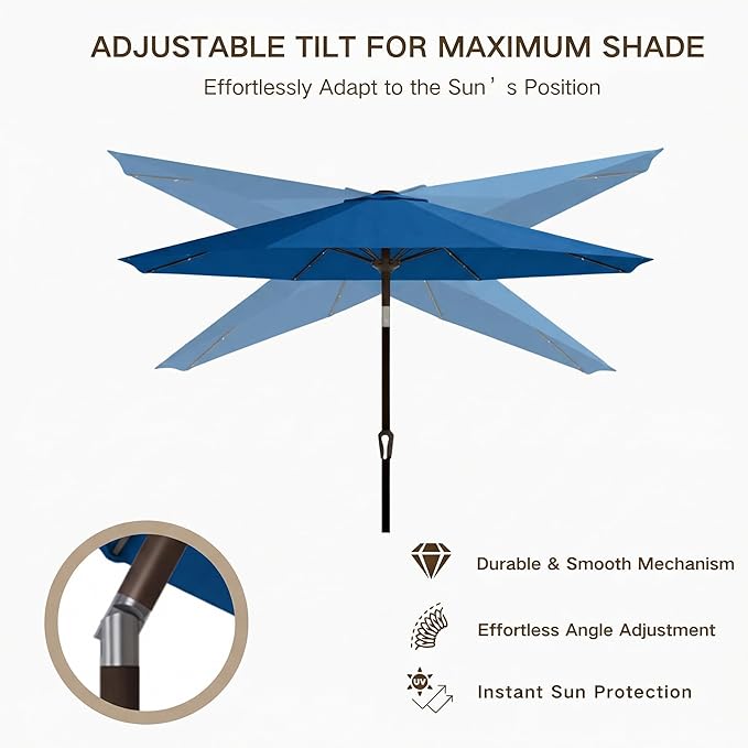 Kingdura 9FT Outdoor Patio Umbrella with Solar Lights, Market Table Umbrella with Push Button Tilt & Crank, 8 Sturdy Ribs, 32 LED Lights, UV Protection for Garden Lawn Deck Backyard Pool (Royal blue)