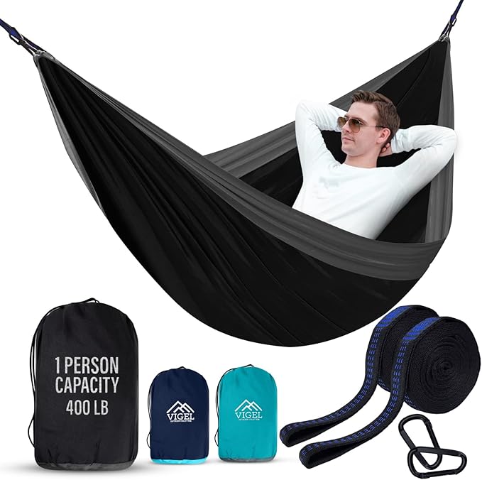 Vigel Camping Hammock - Durable Hammock, Nylon Hammock - Double or Single Hammocks - Portable Tree Hammocks for Outside - Easy to Set, Camping Accessories for Outdoor, Travel, Hiking