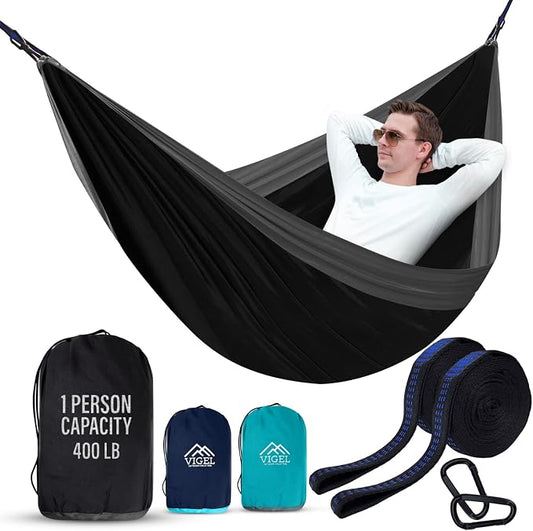 Vigel Camping Hammock - Durable Hammock, Nylon Hammock - Double or Single Hammocks - Portable Tree Hammocks for Outside - Easy to Set, Camping Accessories for Outdoor, Travel, Hiking