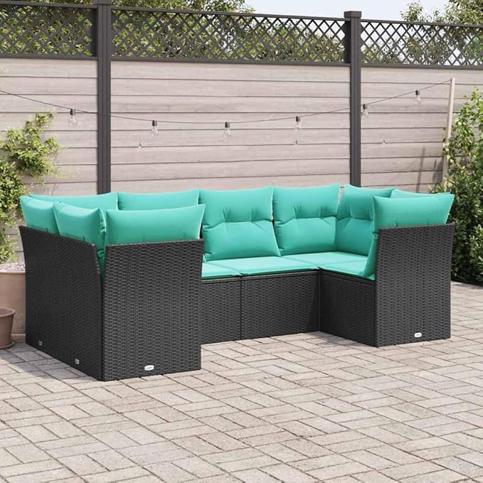6 Piece Patio Sofa Set with Cushions, Garden Lounge Set Patio Conversation Set Porch Furniture Set Outdoor Sofa Sets for Piazza Exhibition Garden Negotiation Area Black Poly Rattan