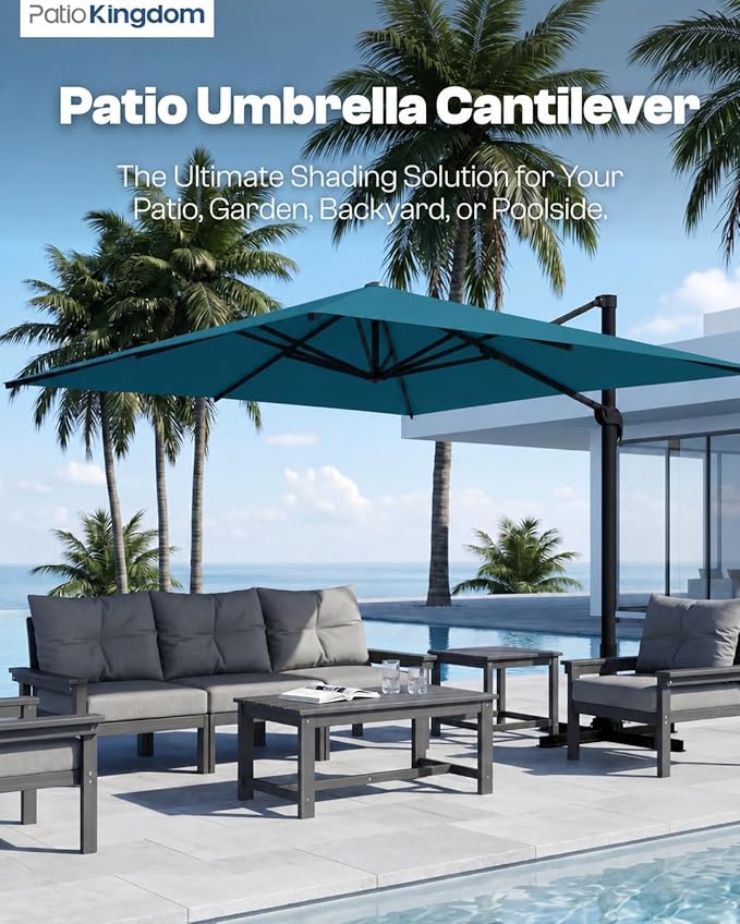 9x9 FT Square Cantilever Umbrella,Easy Tilt, Fade Resistant & 360° Rotation, Offset for Pool Deck Backyard Patiolake blue (Base not Included)