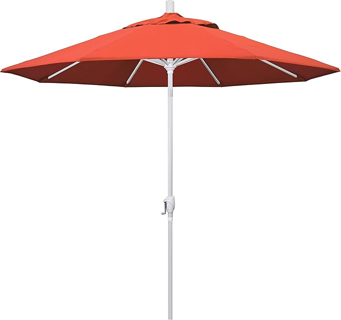 California Umbrella 9' Round Aluminum Market Umbrella, Crank Lift, Push Button Tilt, White Pole, Sunset Olefin
