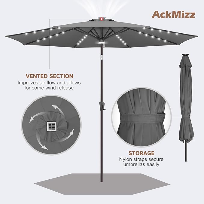 11ft Solar Umbrella Outdoor - Lighted Solar Patio Umbrella with 40 LED Lights Waterproof UV Protection, Table Umbrella with Tilt for Pool, Porch, Garden, Deck, Backyard - Anthracite