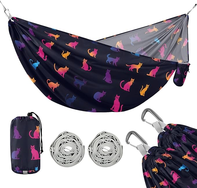 Camping Hammock Outdoor Hammocks for Outside Cat Silhouette Beach Trees Portable Lightweight with Pockets Tree Straps Indoor