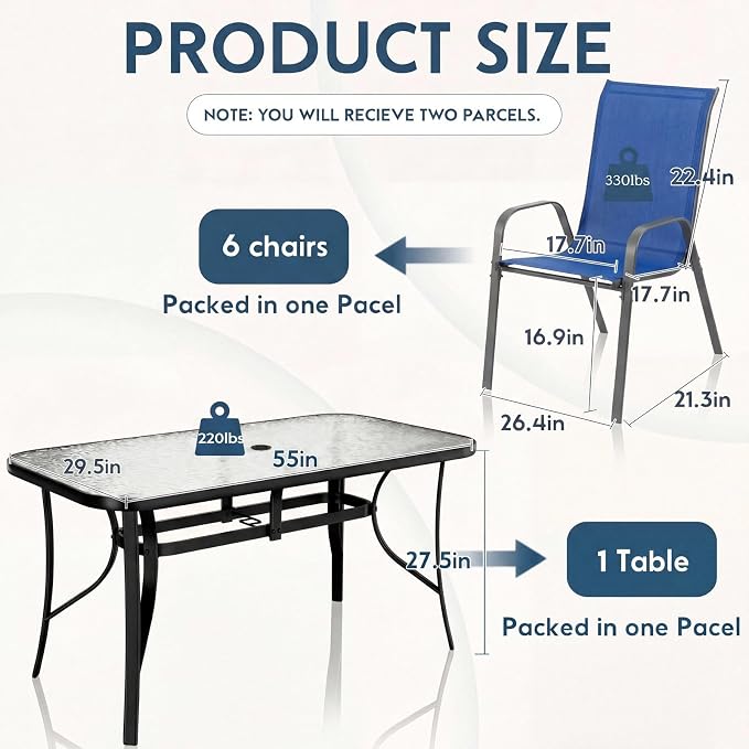 Arlopu 7-Piece Outdoor Table and Chairs for 6, Outdoor Dining Set W/Rectangle Glass Table and Patio Textilene Stackable Chairs, Patio Furniture Set W/Umbrella Hole (Black Table & Navy Blue Chair)