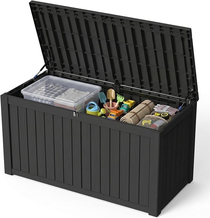 Outdoor Storage Box, 180 Gallon Waterproof Deck Box [Upgraded 3.0], Piston-Lift Tall Standing Cabinet for Oversized Cushions, Lockable Deep Tool Organizer Storage Bench, Large Lawn, Black