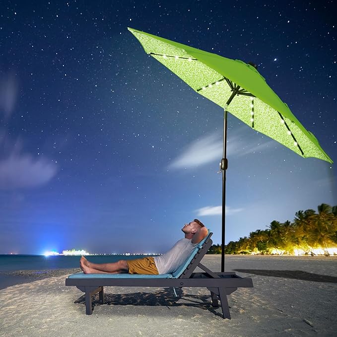 Backyard Expressions 9FT Solar Patio Umbrella with 32 LED Lights, UPF50+ UV Protection, Fade-Resistant Fabric, Easy Tilt & Crank, Outdoor Umbrella for Patio, Deck & Pool (Base Not Included)