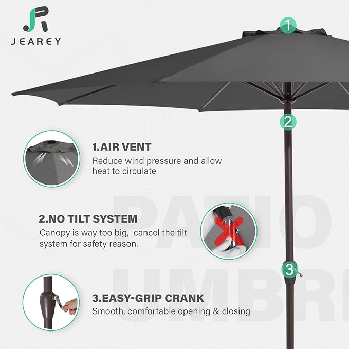 JEAREY 12' Patio Umbrellas Outdoor Table Market Umbrella w/Crank, 8 Sturdy Ribs, UV Protection Windproof for Garden, Deck, Backyard, Pool(Gray)