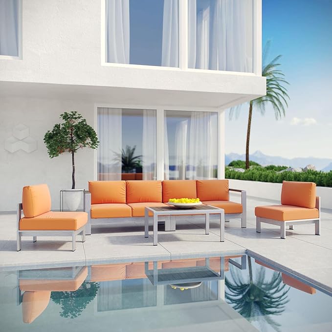 Modway Shore 5-Piece Aluminum Outdoor Patio Sectional Sofa Set in Silver Orange