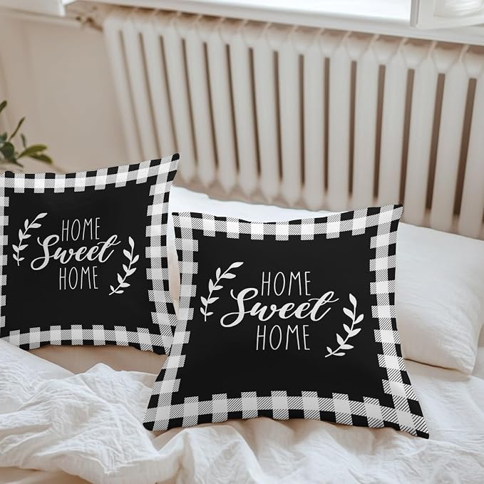 Home Sweet Home Waterproof Outdoor Pillow Covers Set of 2 Home Decor, Leaves Black Buffalo Plaid Pillowcase Patio Pillow Covers for Couch Bench Patio Furniture Garden 24x24in