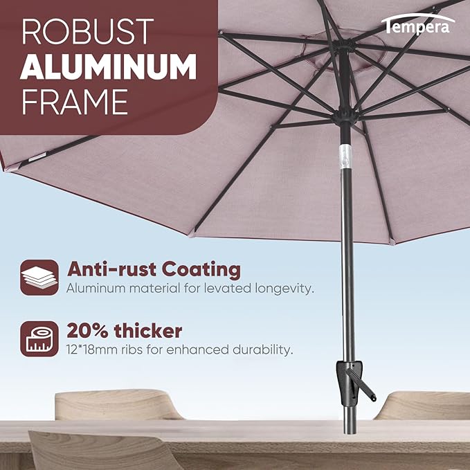 Tempera Patio Market Outdoor Table Umbrella with Push Button Tilt and Crank, Large Sun Umbrella with Sturdy Pole & Fade Resistant Canopy, Easy to Set