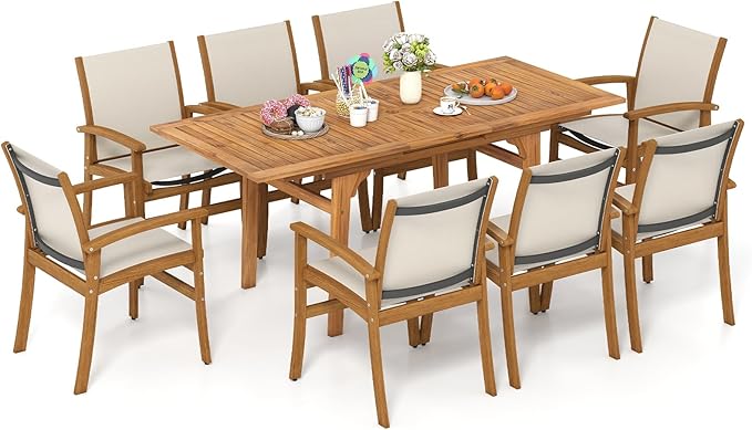 Tangkula 9 Pieces Acacia Wood Patio Dining Set for 6-8, Outdoor Expandable Table and Chairs Set with 1.97" Umbrella Hole and Breathable Fabric for Garden, Lawn, Yard and Poolside