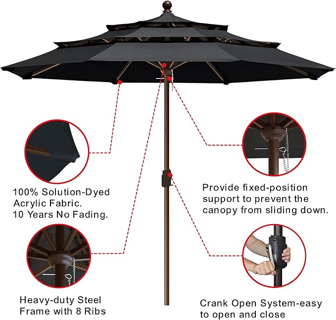 EliteShade USA 10-Year-Non-Fading 11ft 3-Tier Market Patio Umbrella, Commercial Grade Outdoor Table Umbrella with Crank Open, Windproof & UPF 50+ UV Protection, Heavy Duty Ventilation for Garden, Deck, Pool, Backyard, Beach & Bistro, No Tilt, Black