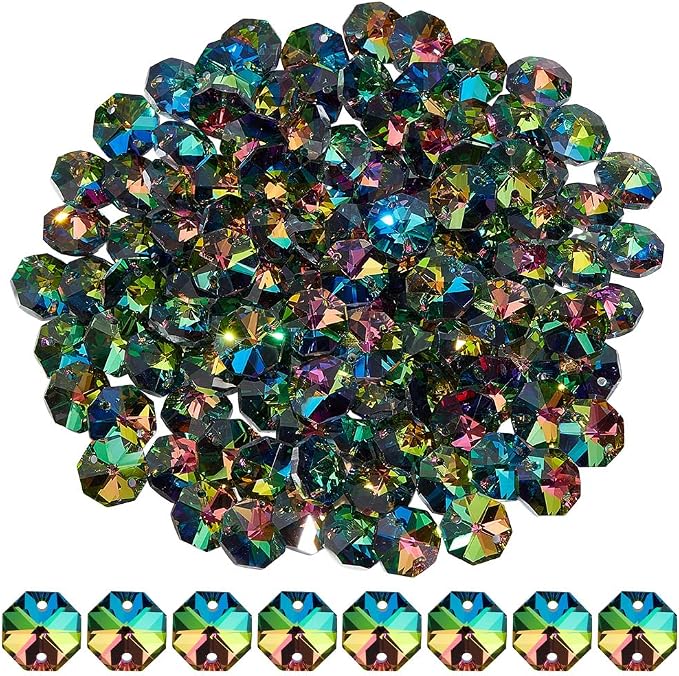 120Pcs Colorful 14mm Octagonal Crystal Beads 2 Holes Glass Octagon Prism Beads AB Color Crystal Chandelier Parts Replacement Suncatcher Faceted Spacers for DIY Lamp Hanging Pendant Jewelry