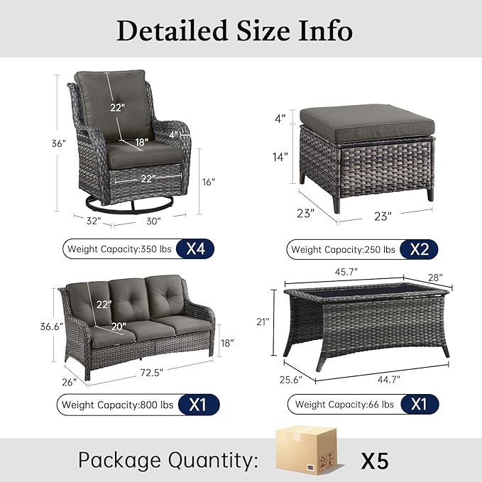 8 Piece High Back Wicker Patio Furniture Set - Patio Conversation Set with 4 Inch Thick Cushions and Deep Seating Swivel Glider Chairs Set of 4 & Outdoor Couch for Porch Deck Yard Pool