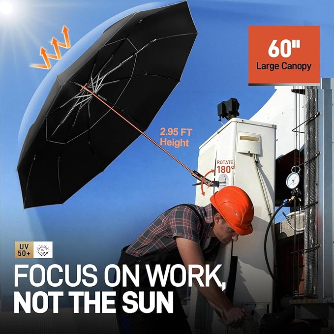 New 60" Folding Magnetic Umbrella,Designed for Outdoor Work,600lb Strong Suction Hvac Umbrella With Magnetic Base & Clamp,2-in-1 Sun & Rain Protection,180° Adjustable, Portable for HVAC (Black)