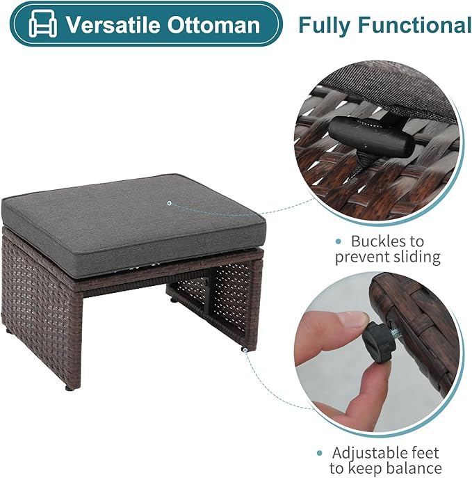 OC Orange-Casual 5 Pcs Patio Conversation Set Balcony Furniture Set with Cushions, Brown Wicker Chair with Ottoman, Storage Table for Backyard, Garden, Porch, Dark Grey