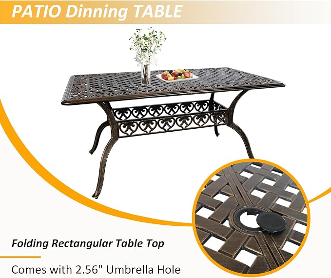Outdoor Dining Table for 4-6 Person, 58.66" Cast Aluminum Patio Table with 2.56" Umbrella Hole, Outdoor Bistro Table for Backyard, Garden, Patio