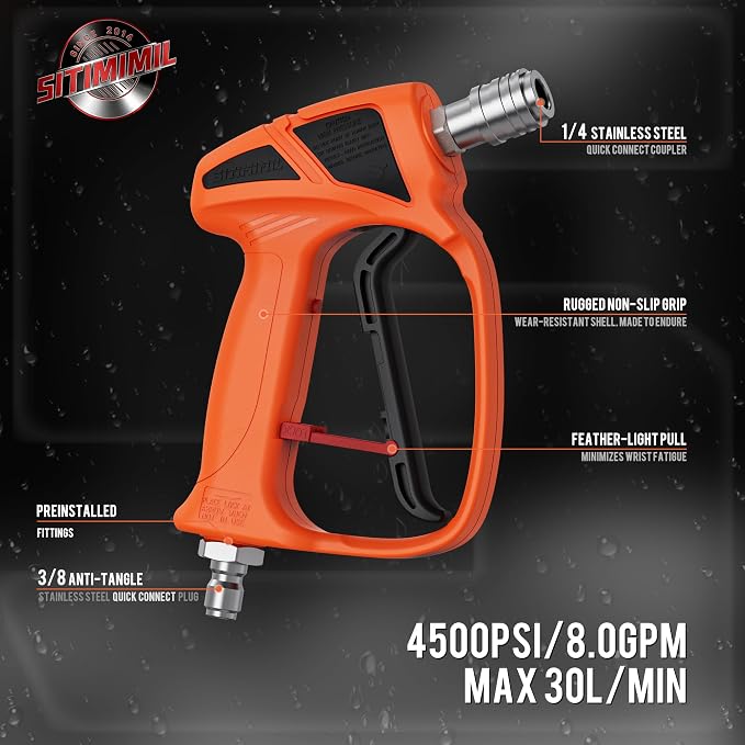 SITIMIMIL® Short Pressure Washer Gun Swivel Pro, Tangle-Free, Power Washer Gun with Self-Locking Spout Design, 3/8" QC Plug to M22-14/15mm (Brass, Stainless Steel, Orange Black)