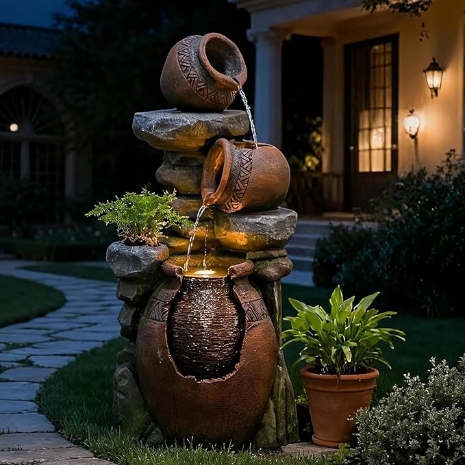 Bumilgar 38.4" H Garden Water Fountain, 3-Tier Cascading Water Features with LED Light, Faux Terracotta Jar Design for Patio, Backyard, Deck, Porch, and Home Art Décor, Brown
