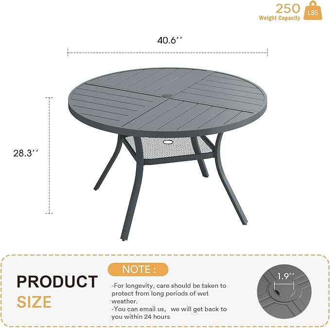 VICLLAX Round Patio Table with Adjustable Umbrella Hole for 4, All Weather Metal Outdoor Dining Table for Lawn Garden, 40.6" Outdoor Coffee Table, Grey Tabletop