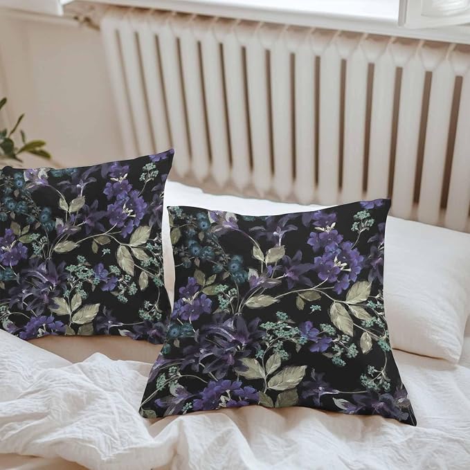 Purple Green Flower Leaf on Black Outdoor Pillow Covers 18x18in Pack of 2 Waterproof Pillowcase Retro Plant Oil Painting Decorative Throw Cushion Case for Patio Couch Sofa
