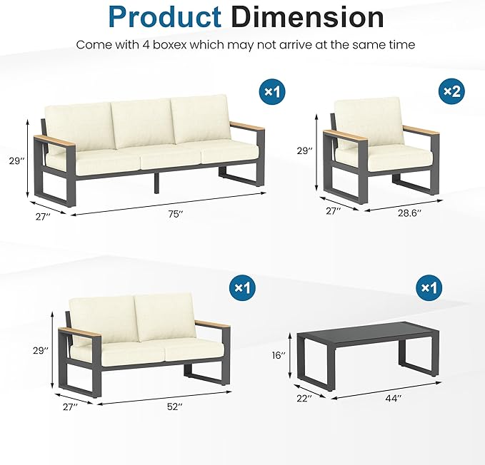 RoyalCraft Aluminum Patio Furniture, 7-Seats Metal Outdoor Furniture Set with Coffee Table, Modern Patio Sofa Sets Outdoor Conversation Set for Pool Garden Porch Backyard, Beige