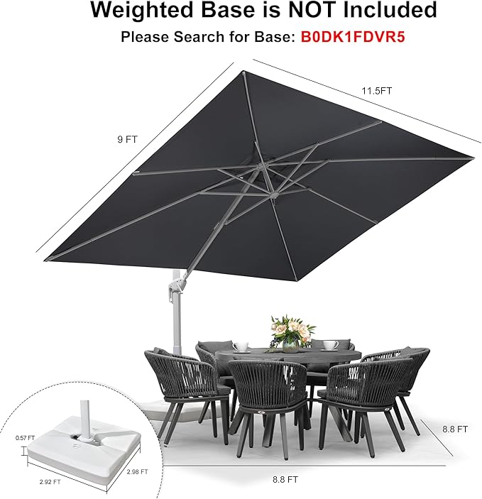 PURPLE LEAF 9' × 11.5' Patio Umbrella White Cantilever Umbrella Aluminum Square Outdoor Offset Umbrella Hanging Windproof with 360° Rotation for Garden Deck Pool, Light Grey