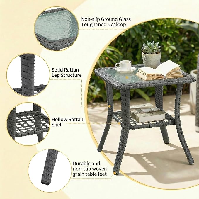 Patio Tables Wicker Side Table, Rattan End Table with Glass Top for Outdoor Outside Patio Porch Deck Square Brown
