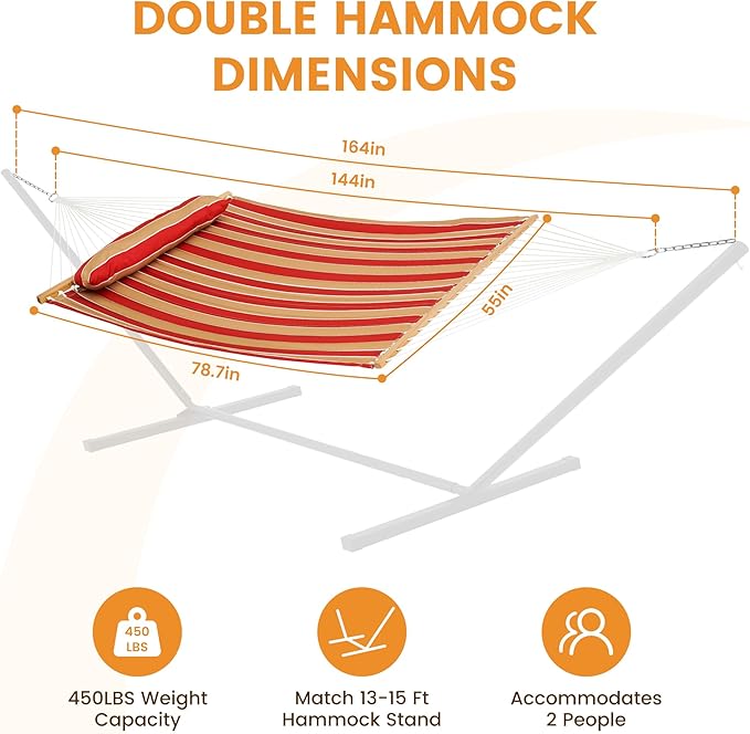 Lazy Daze Hammocks Hammock Quilted Fabric with Pillow for Two Person Double Size Spreader Bar Heavy Duty Stylish, Red & Tan Stripe