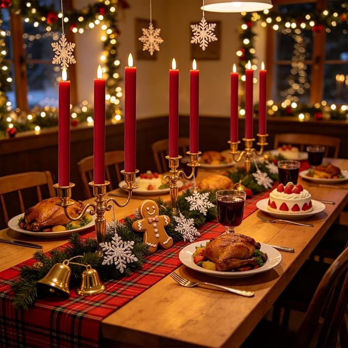 Wondise Flameless Taper Candles with Timer, 6 Pack Battery Operated LED Flickering Real Wax Red Candle for Christmas Wedding Dinner Decorations