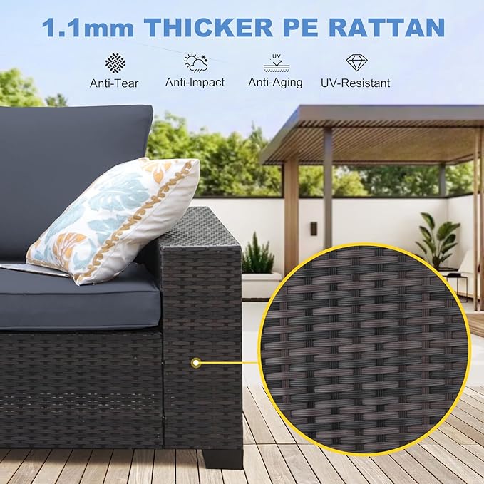 6 Pieces Patio Furniture Set, Outdoor Couch Sofa with Wider Armrests & Glass Coffee Table, Outdoor Sectional Furniture with Thick Cushions for Party, Poolside,Garden-Gray