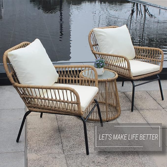 Patio Furniture Set 3-Piece, Bohemian Simple Outdoor All Weather Rattan Patio Furniture Bistro Wicker Conversation Set with Coffee Table & Cushions, Outdoor Sectional Sofa for Balcony, Backyard, Deck
