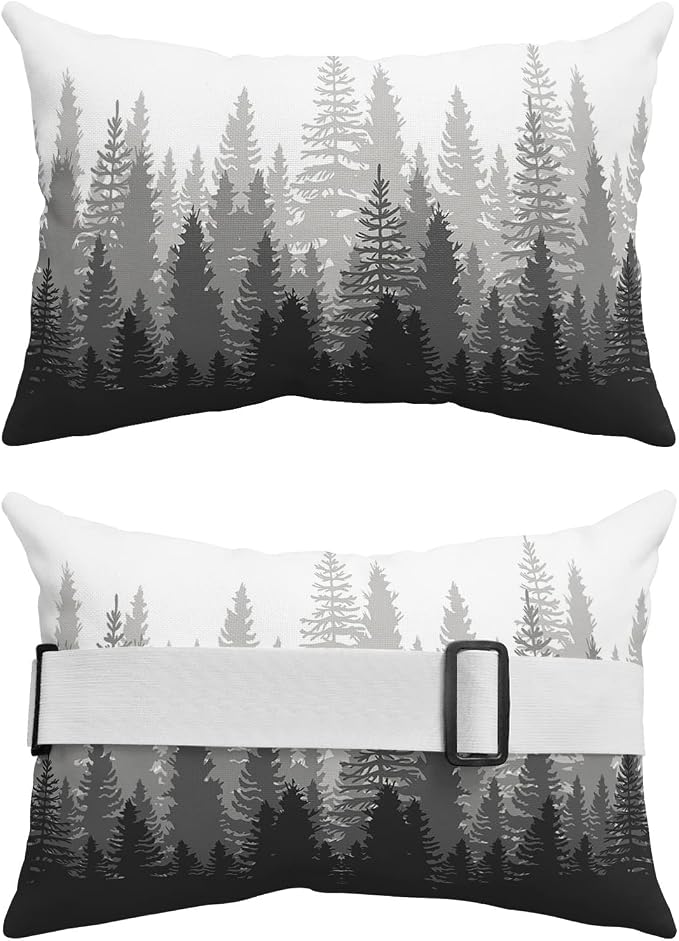 Outdoor Pillows Covers with Inserts Forest Tree Silhouette Dark Gray Abstract Gradient Waterproof Pillow with Adjustable Strap Throw Pillows for Patio Furniture Recliner Lounge Chair, 11x16 inch, 1PCS