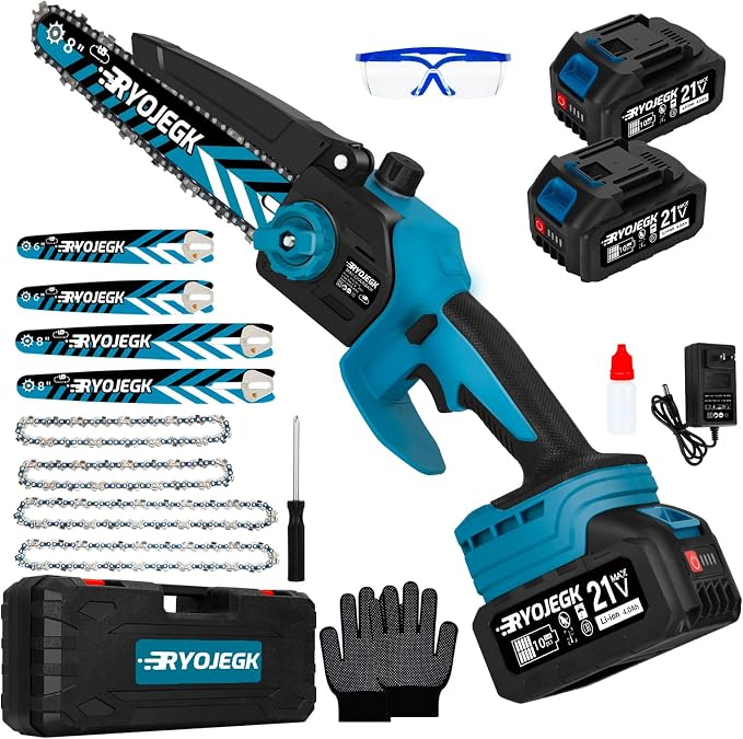 RYOJEGK 8 & 6 Inch Brushless Mini Chainsaw,2×4.0Ah Battery Tool-Free Installation Small Cordless Chain Saw with 4 Chain Guide,Portable Motosierra De Bateria for Tree Trimming & Branch Wood Cutting
