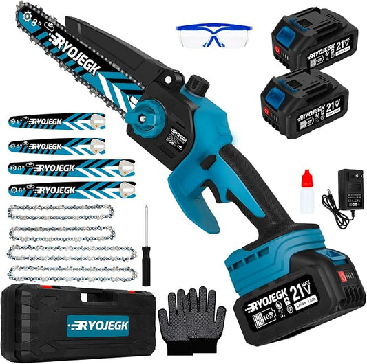 RYOJEGK 8 & 6 Inch Brushless Mini Chainsaw,2×4.0Ah Battery Tool-Free Installation Small Cordless Chain Saw with 4 Chain Guide,Portable Motosierra De Bateria for Tree Trimming & Branch Wood Cutting