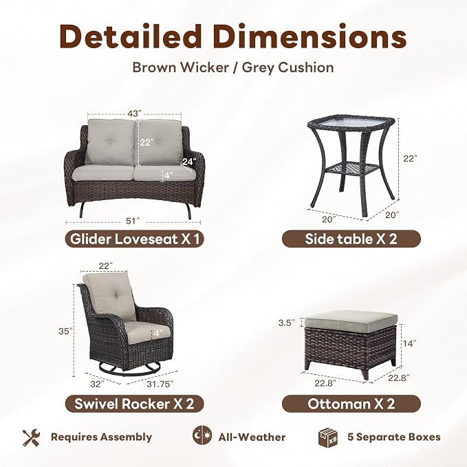 Belord 7 Piece Wicker Patio Furniture Set, Outdoor Swivel Rocker Chairs Set of 2 with Ottomans and Loveseat, All Weather Patio Conversation Furniture Set, for Pool,Yard,SunroomBrown Wicker/Gray