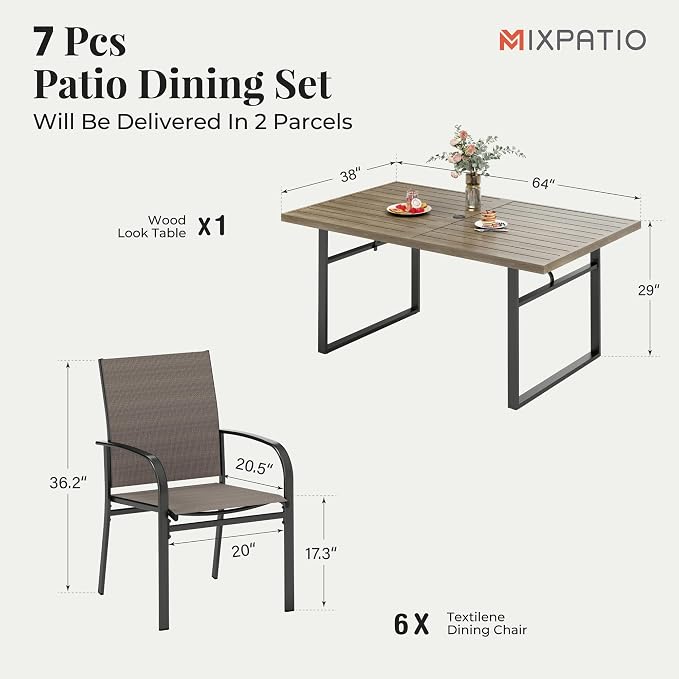 MIXPATIO 7-Piece Outdoor Dining Set 6 Brown Textilene Chairs and Steel Tabletop with Wood Grain Rectangle Table for Deck Garden Backyard Lawn Poolside