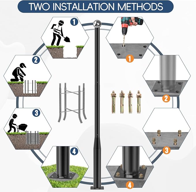 Street Light Pole 10Ft Tall, Street Lamp Post for Outdoor Lighting Fixtures with Two Types of Ground Mounting Brackets, Outdoor Light Pole for Parking Lot, Patio, Street, Backyard, Exterior House