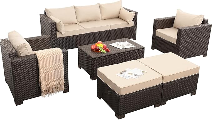 6 Pieces Patio Outdoor Furniture Outdoor Conversation Sets Wicker Sofa Set with Outdoor Couch Patio Chairs Storage Coffee Table Khaki Cushions Waterproof Covers