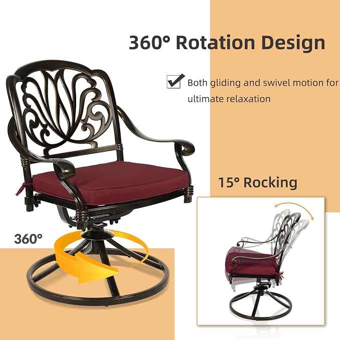 5 Piece Patio Dining Set, Outdoor Table and Chairs Set for 4 Cushioned Swivel Rocking Chairs and 35.4'' Round Table, All-Weather Cast Aluminum Patio Funiture Set, 2'' Umbrella Hole, Red