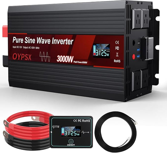 3000W Power Inverter 12V to 110V 120V AC Pure Sine Wave Inverter for RV Truck Camping,Outdoor Off-Grid Power Converter with LCD Display,Wired Controller,AC Outlets USB Ports(12V-3000Watt)