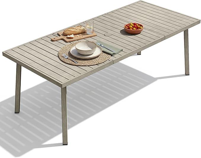 82"×35" Never-Rust Aluminum Outdoor Dining Table – Rectangular Patio Table for 8 Person with Umbrella Hole, Heavy Duty All-Weather for Poolside, Garden, Backyard, Porch, Deck, Gray Oak