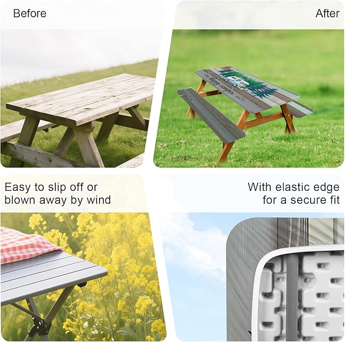 ANNA QUEEN Happy Camper RV 6FT Picnic Table Cover 3PCS Set 72"x30", Waterproof Outdoor Table and Bench Covers for Campsites and Family RV Trips