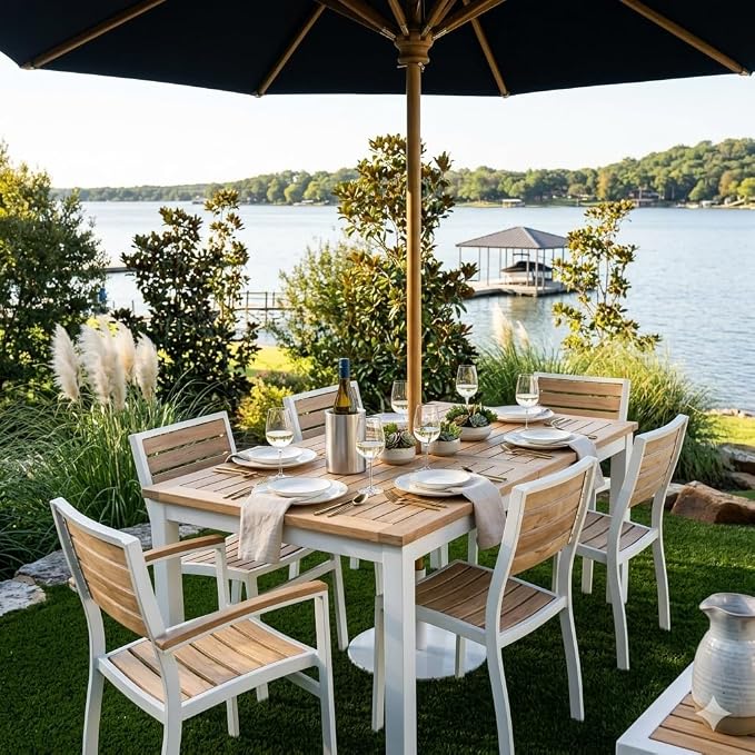Hives & Honey Catalina Rectangular Outdoor Dining Table, Grade-A Teak Wood Patio Table with Aluminum Legs & Umbrella Hole, Seats 4–6, White