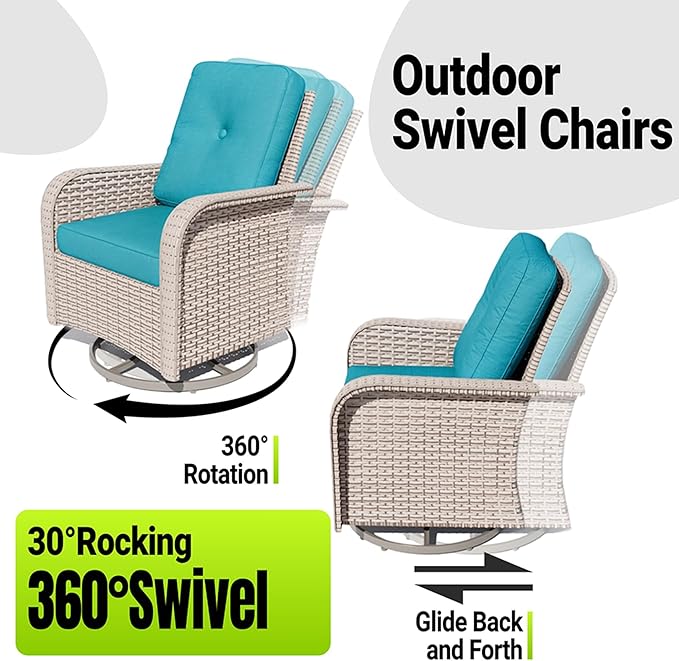 10 Pieces Patio Furniture Set with Fire Pit Table, Outdoor Sectional Wicker Sofa with Thick Cushions, High Back Swivel Rocker Patio Chairs, Rattan Conversation Set with Coffee Table, Cyan